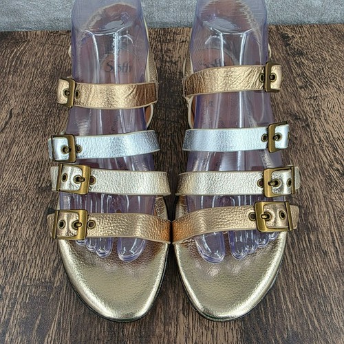 Sofft Sandalen 8 M Gold Silber Metallic Riemchen Schnallen Keilabsatz Gladiator Leder - Bild 5 von 16