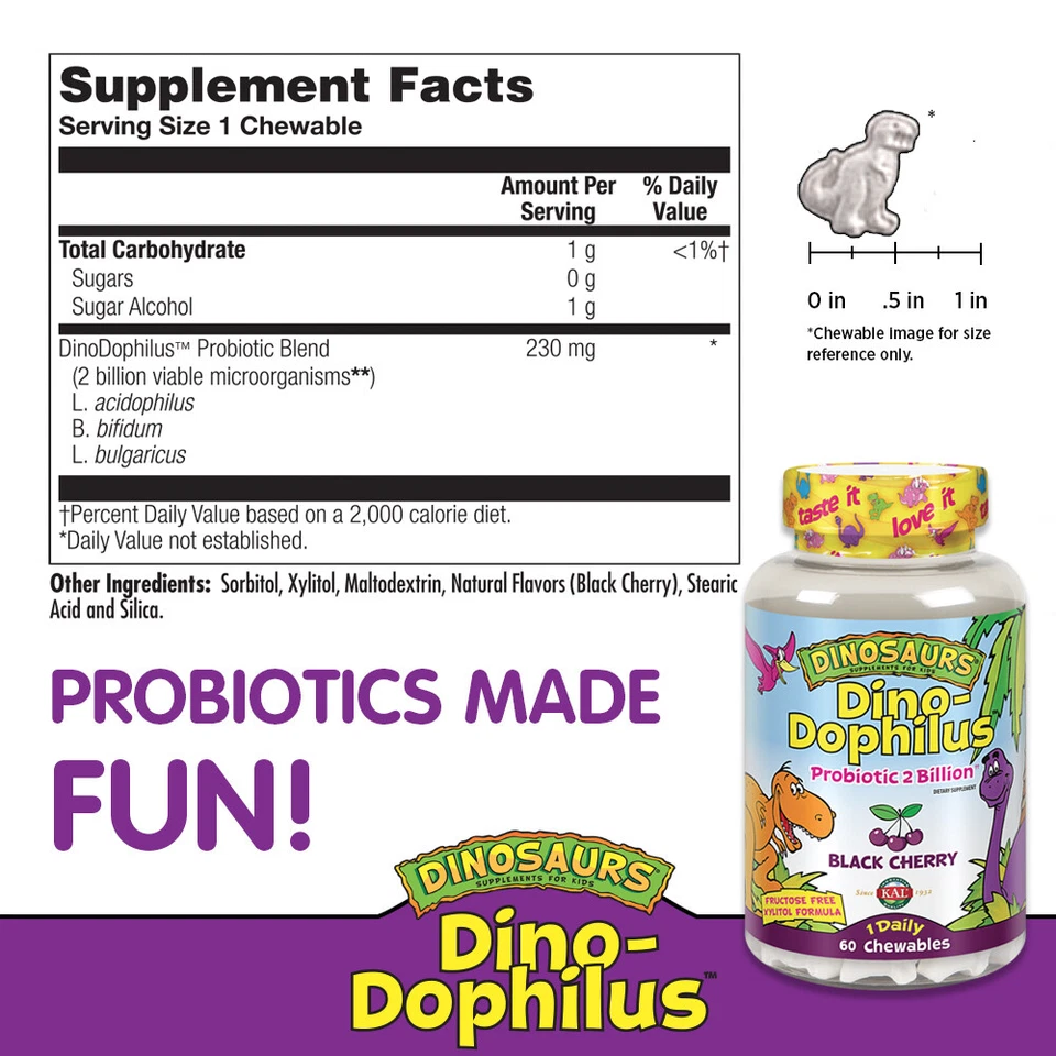 Probiótico KAL Dino-Dophilus 2 mil millones | Niños | 60 masticables de cereza negra Foto 2 de 4