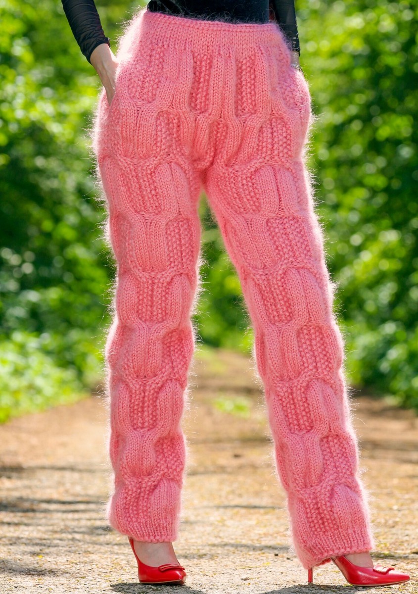 Pink cable mohair pants thick fuzzy hand knit trousers leggings