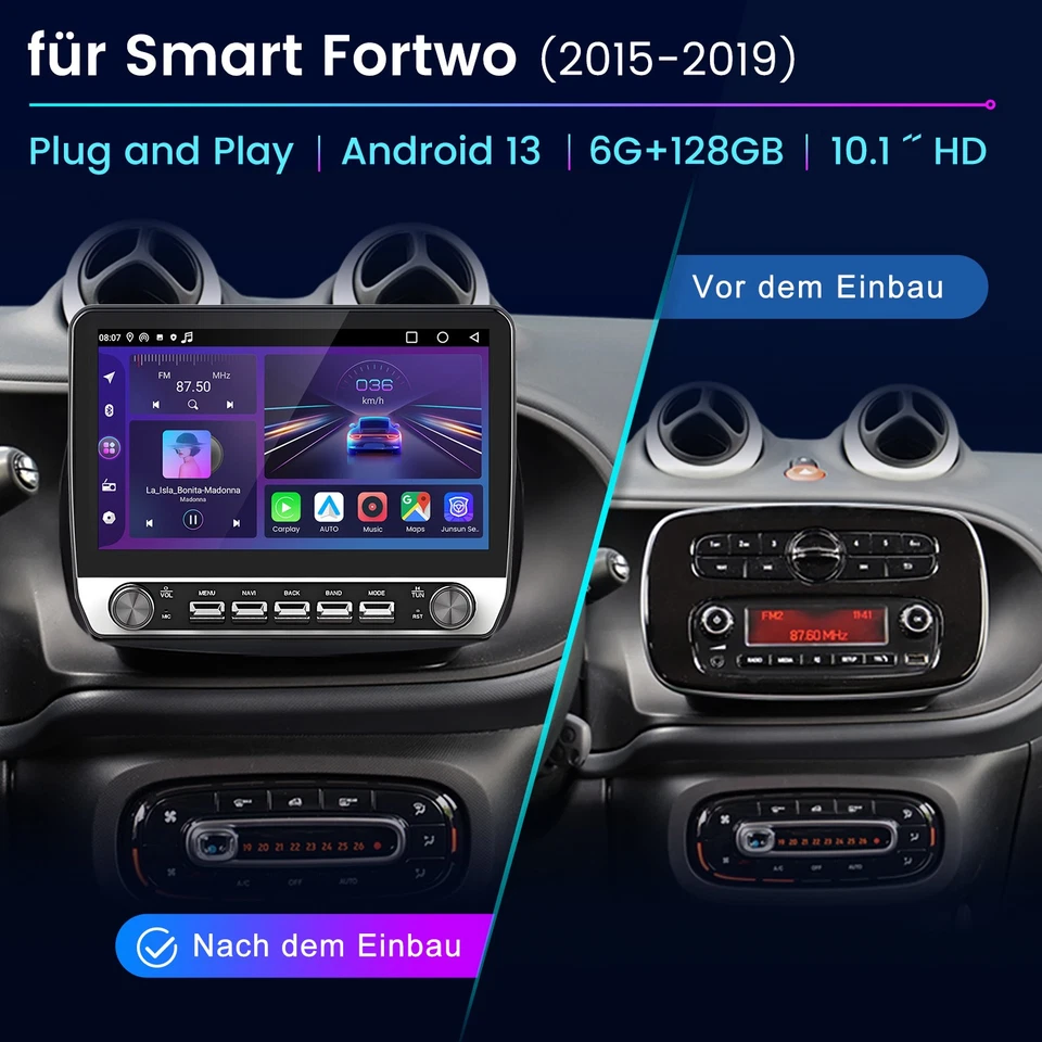 6GB+128GB Für Mercedes Benz Smart Forfour Fortwo 453 10.1" Carplay Autoradio GPS - Bild 3 von 4