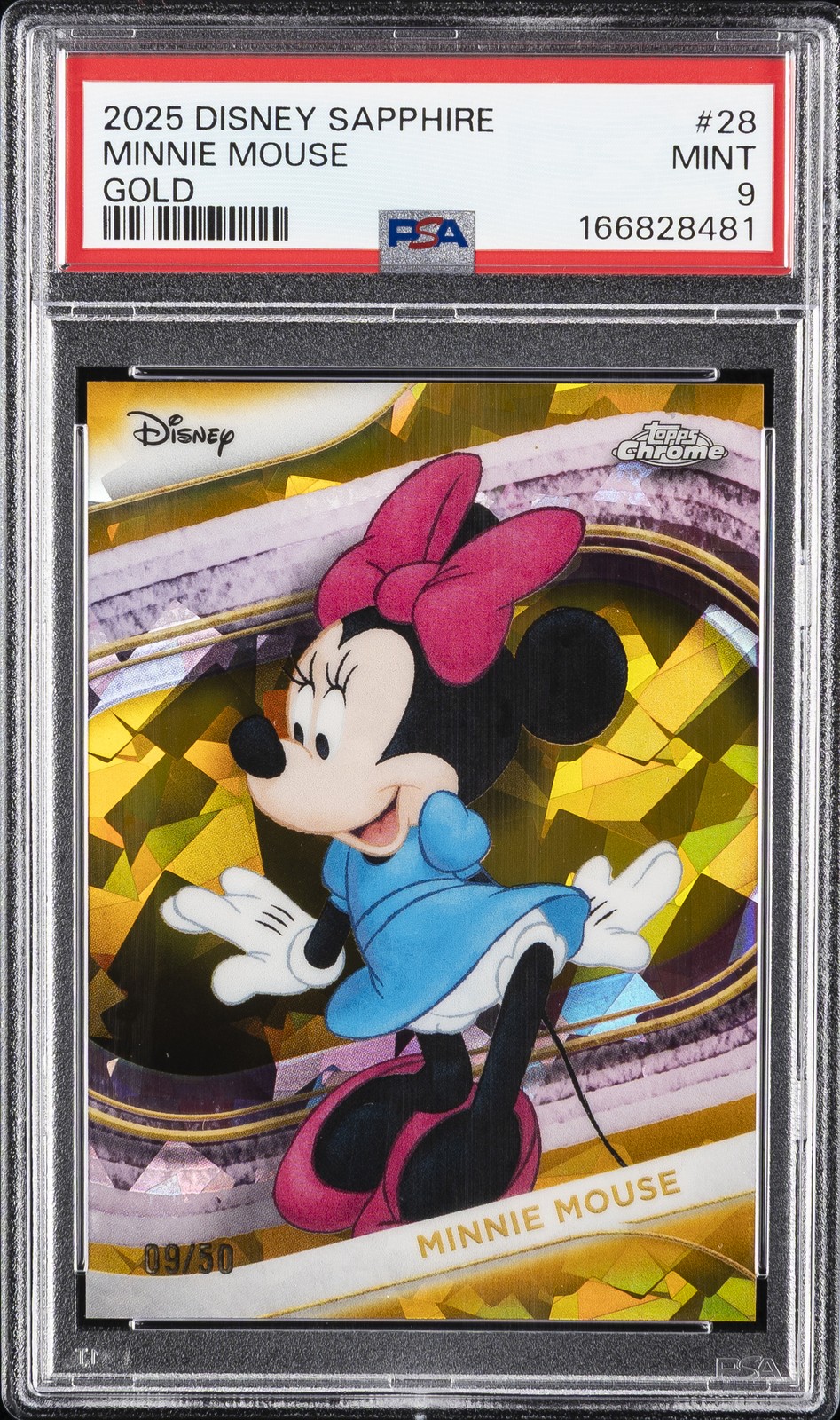 2025 TOPPS CHROME DISNEY SAPPHIRE EDITION GOLD #28 MINNIE MOUSE 09/50 PSA 9