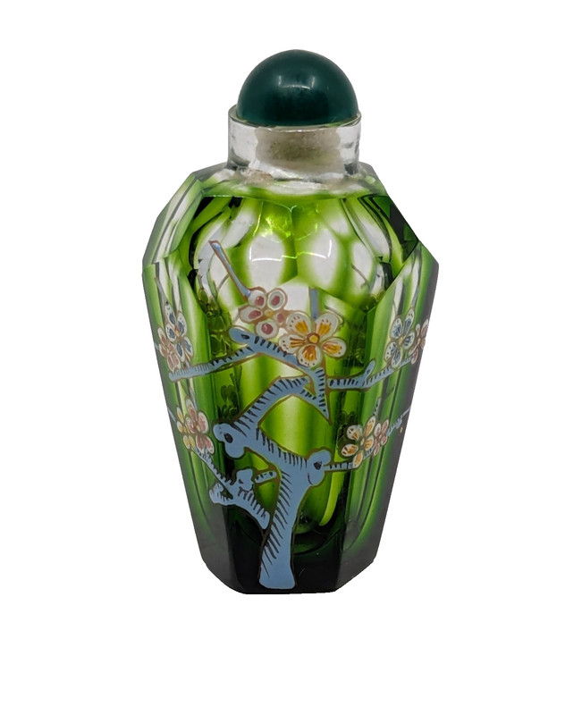 Vintage Czech Bohemian Green Art Glass Perfume Bottle Enamel Floral (J)