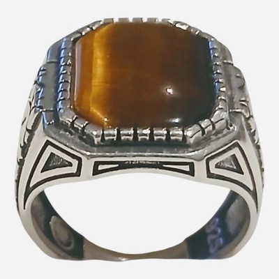  925 Sterling Silver Natural Tiger's Eye Men's Ring Anillo Ojo de Tigre Plata...
