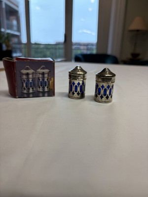Vintage Cobalt Blue Glass Salt Pepper Shakers Silver Tone Overlay Small Set