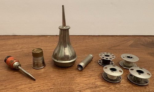 Vintage Sewing Machine Oiler 3”H Made in USA With Thimble & Accessories