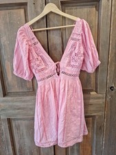 Urban Outfitters  Floral Puff Sleeve,  Dress XS Women's, pink, Eyelet Dress. 