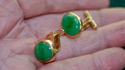 GIA Certified 14k Gold Natural Untreated Translucent Jadeite Jade Cufflinks