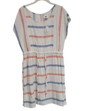 Old Navy Dress Womens M Linen Blend Multi Stripe Short Sleeve Orange Blue NWT