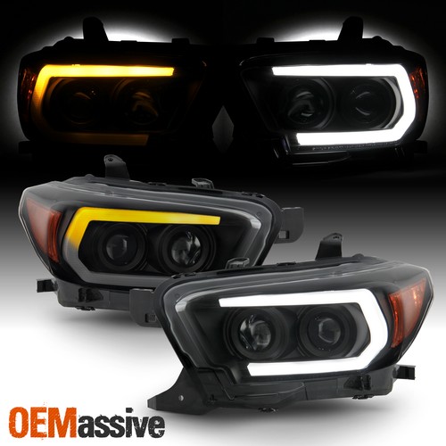 For 16-22 Tacoma SR Projector Black Smoked Headlights LED Tube Sequential Signal