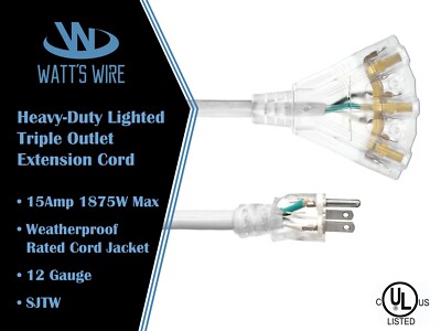 12 Gauge Extension Cords Heavy Duty Lighted 3-Outlet SJTW Indoor / Outdoor 12 3