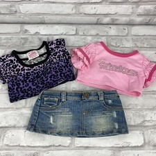 Build A Bear Outfit 3 Piece Lot Denim Skirt 2 Shirts Cheetah Print Pink Shirt