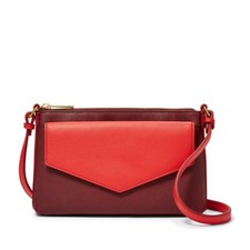 NEW-FOSSIL POPPY RED+BURGUNDY LEATHER,FLAP,ZIP,PHONE,MINI BAG,CROSSBODY 