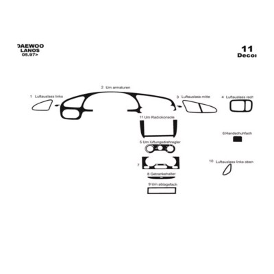 Daewoo Lanos 1997 11Pcs Fit Interior Dash Trim Cover Kit Wood
