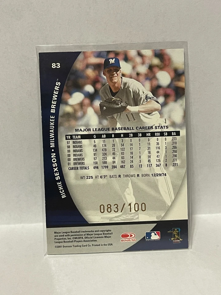 2001 Donruss Class of 2001 Autograph - RICHIE SEXSON #'d 083/100 - Image 2 of 2