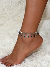 Blue Sterling Silver Ankle Bracelet Teardrop Anklet Tennis Summer Beach Chain