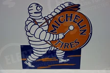 MICHELIN MAN PLAYING DRUM BIBENDUM DIE CUT Sign Rare 80's ENAMEL 23.5" X 24.5"