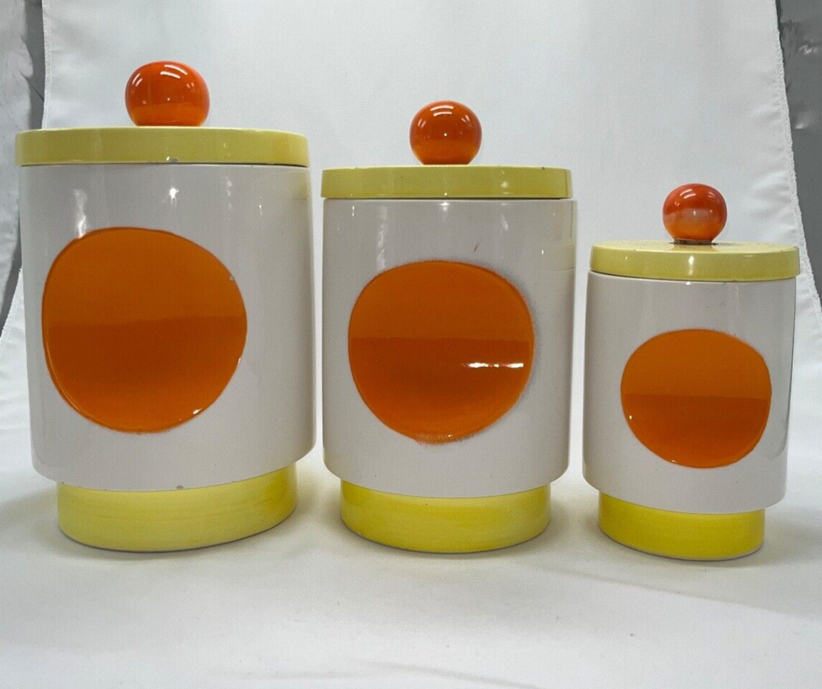 Vintage Set of 3 Ceramic Canisters w/Lids Retro Mid Century Modern Yellow Orange
