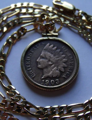 CHIEFS HEAD WAR BONNET INDIAN PENNY PENDANT, Heavy Gold Filled Setting & Chain