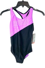 Speedo Girl s Black/Purple One Piece Swimsuit Size 12, Sticker Residue On Front
