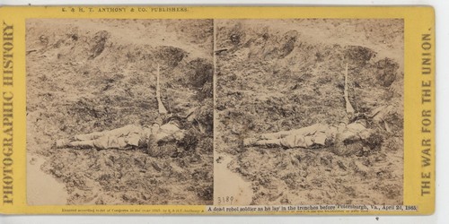 Dead Rebel Soldier & Gun Trenches Petersburg VA Civil War Roche Stereoview 1865 - Picture 2 of 3