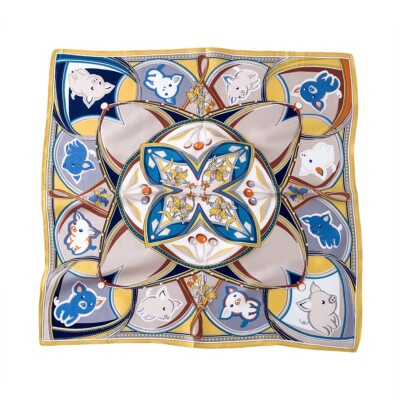 100% Mulberry Silk 20'' Square Scarf Women Neckerchief Wrap Yellow Geometric Pigs