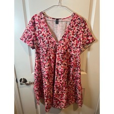 SHEIN Womens Dress Tiered Floral Babydoll V-Neck Pink Red Purple Size S