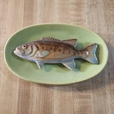 Vintage 6" Rosemeade Pottery Brook Bass Fish Plaque Wall Hanging Green