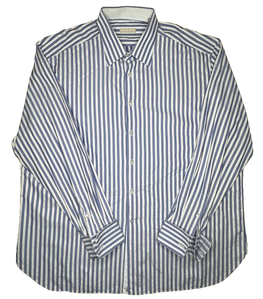 Camisa Stefano Ricci Para Hombres 18 46 Azul Blanco Rayas Espiga Botón Delantero Vestido Foto 2 de 4