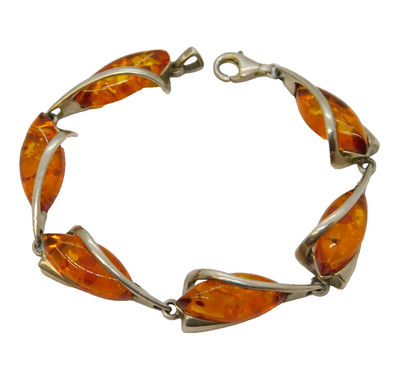 Armband Sterlingsilber & baltischer Bernstein Blumenmuster Vintage um 1970