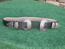 Western Double Buckle Belt Black Silver Engraved Ranger Style S/M