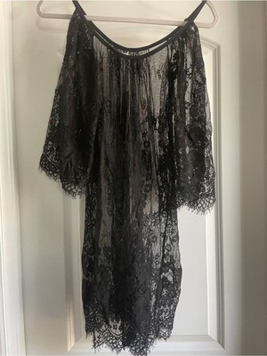 Anself Black Lace Cold Shoulder Swim Cover Up Dress Sheer Floral Scalloped L