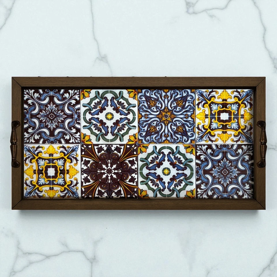 Anatolian Tiles Mosaic Tray Handmade Wooden Serving Tray with Ceramic Tiles Gift - Image 2 of 4