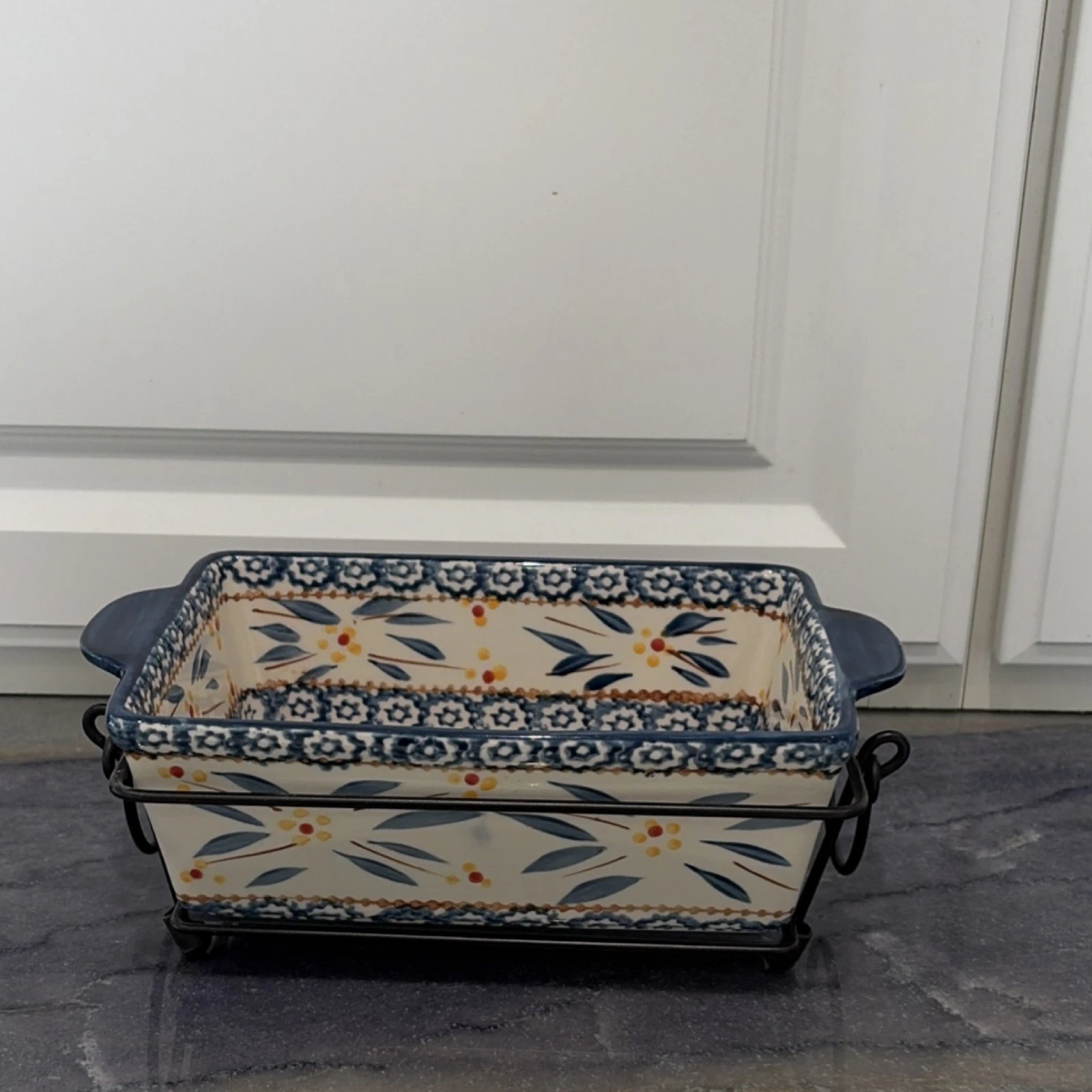 Temp-tations Old World 1.5QT Ceramic Loaf Pan Blue with Lid & Rack
