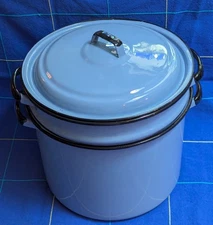 Vtg 3 Pc. Blue w/Black Trim Enamel Granite Ware Steamer Stock Pot Strainer 7 Qt