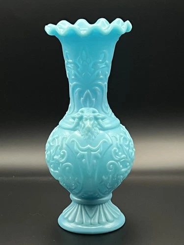 Antique Portieux Vallerysthal Blue Opaline  Glass Vase  Goat Heads France
