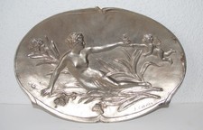 Jugendstilschale, Jean Garnier, Nymphe im Schilf, Eisenkunstguss silberfarben