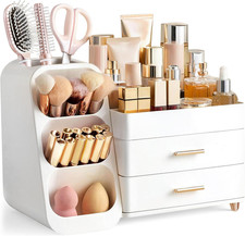 Makeup Organizer with Brush Holder for Vanity, Large Plastic Bathroom Countertop