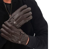 Mens Real Leather Driving Gloves Warm Winter Thin Button Down Riding Glove