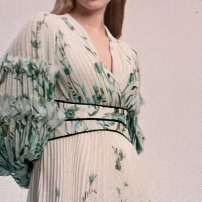 Floral Pleated Chiffon Maxi Dress with Balloon Sleeves, V-Neck, White Green | eBay Floral Pleated Chiffon Maxi Dress with Balloon Sleeves, V-Neck, White Green | eBay