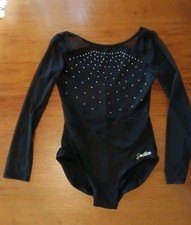 Justice Leotard Bodysuit Rhinestone Poly  Sheer Long Sleeve Black, L, 12/14