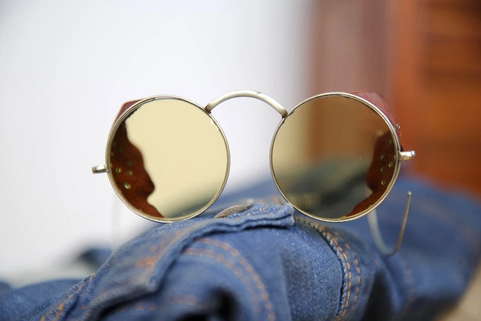 VTG 1940’s Safety Glasses Aviator Motorcycle goggles leather tinted round lens - Image 4 of 4