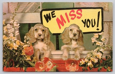 Vintage We Miss You Puppies Postcard by Plastichrome Color by Camera Clix