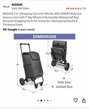 KEDSUM Panier 3 en 1 avec Roues, Chariot d'épicerie multi-usage 60L/250LBS avec...