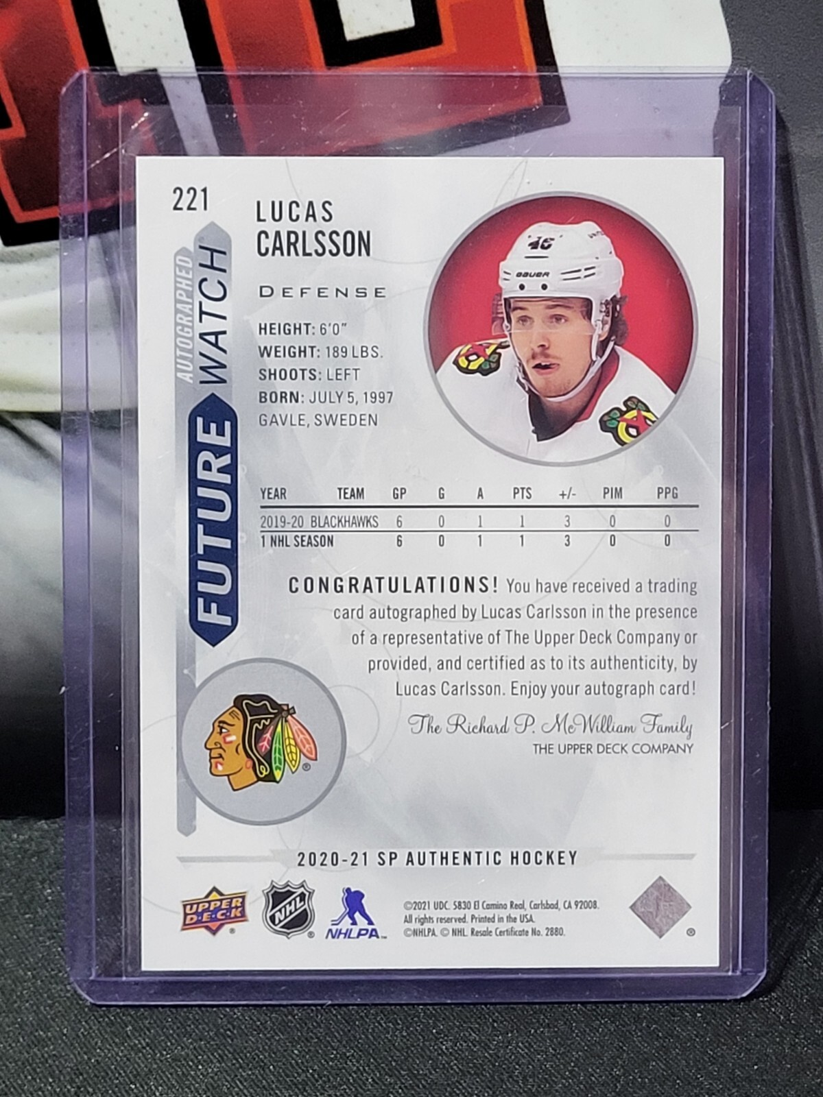 202021 Upper Deck SP Authentic Future Watch Auto Lucas Carlsson /999