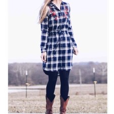 ANA Plaid Embroidered Shirt Dress Small Blue Button Front Tie Waist Boho Cottage