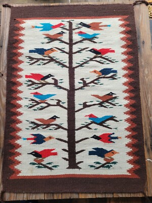Zapotec Oaxacan 28''x40'' Hand Woven Red Tree of Life Wool Tapestry Rug Runner Vtg