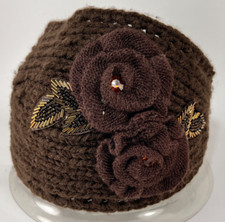 Knit Headband Warmer Winter Outdoor Brown Beaded Applique Flower Womens