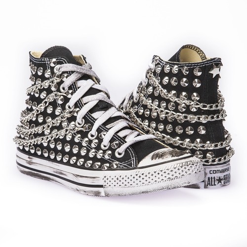CONVERSE ALL STAR Alte Bianche personalizzate con borchie argento effetto  sporco EUR 119,00 - PicClick IT
