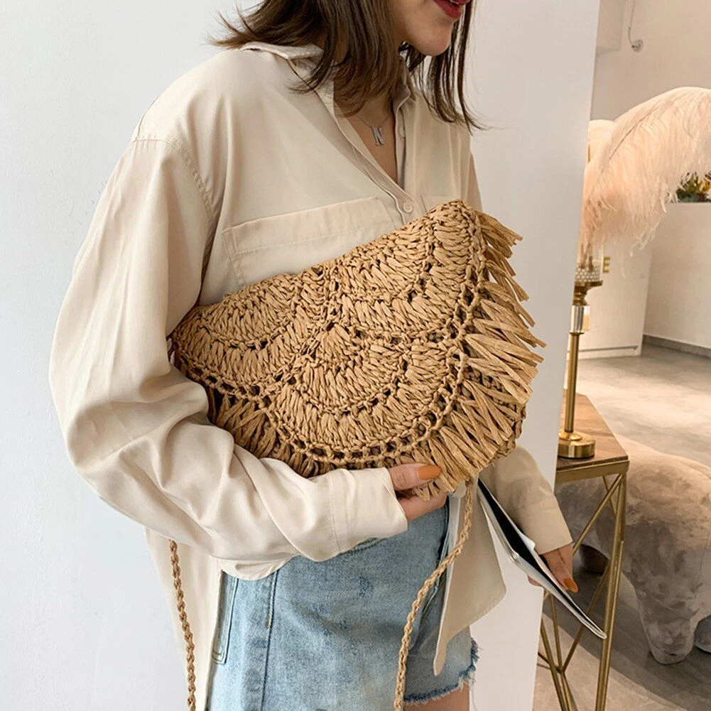 Womens Large Straw Shoulder Bag Beach Tote Handbag Purse with Tassel for Summer