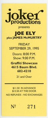 Joe Ely Concert Ticket Graffiti Pittsburgh, PA 1995